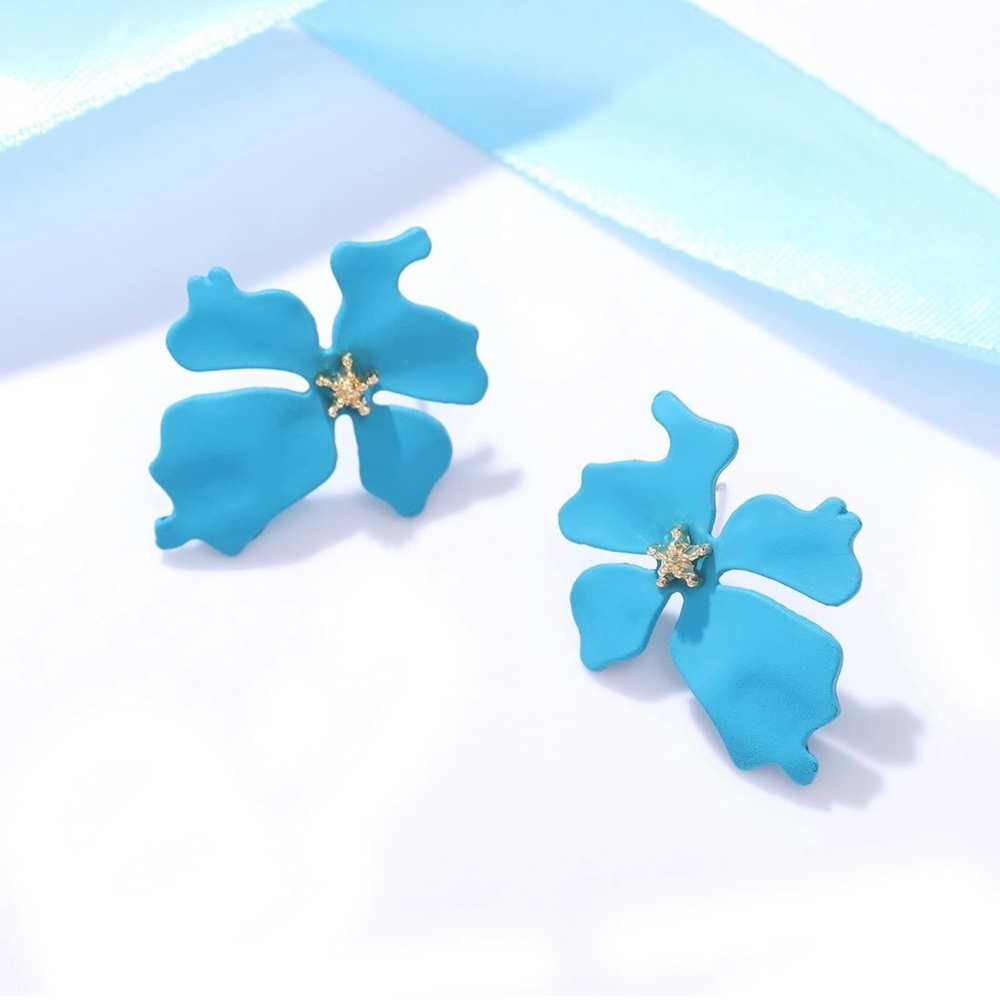 Flower Statement Earrings Blue Gold Studs Boho Chic Alloy NWT